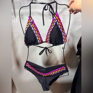 ⚡️Ron Jon Bikini Set XL NWOT Black Neon Pink Orange Braided Trim